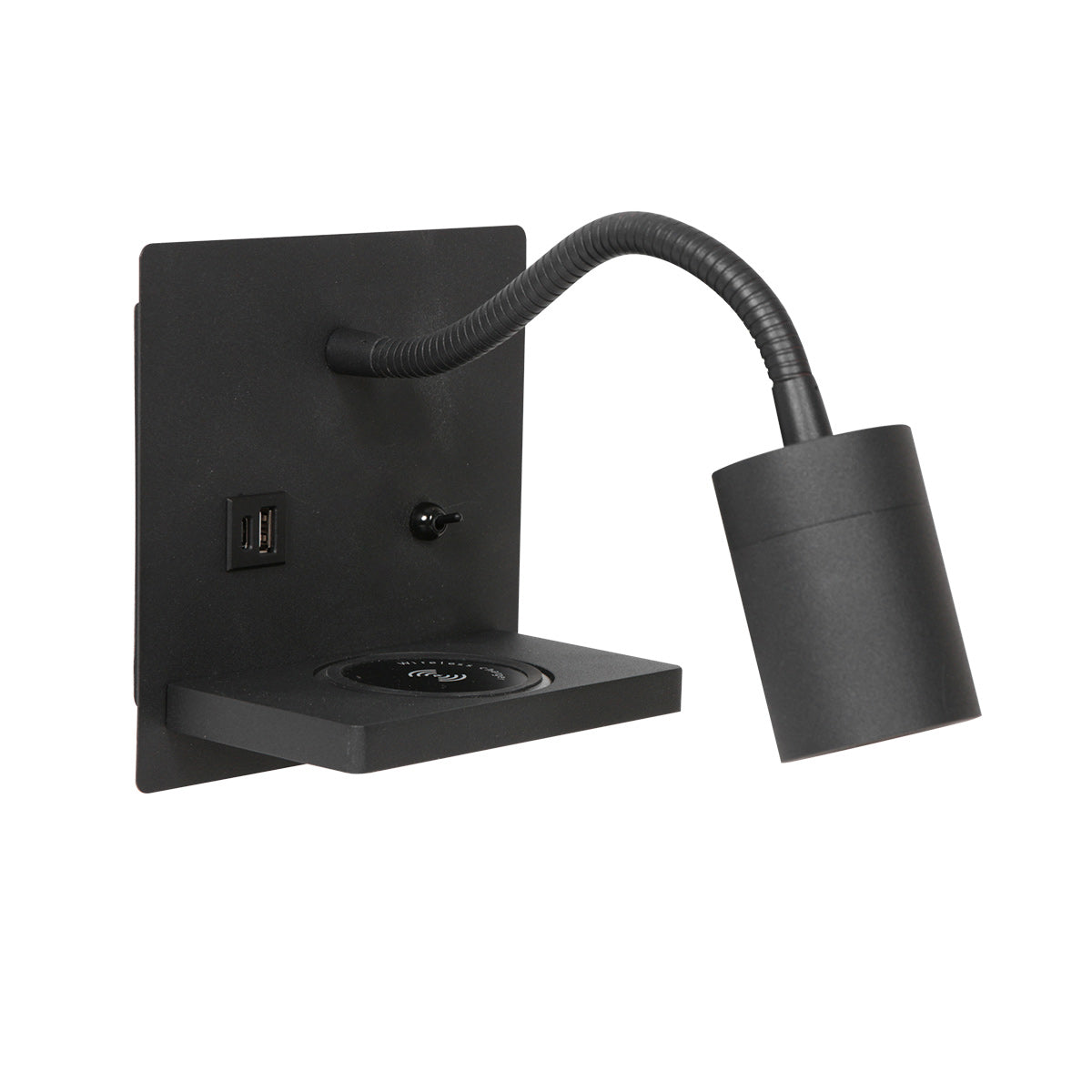 Luminaire mural noir vu de trois quarts, tablette avec logo de charge sans fil visible