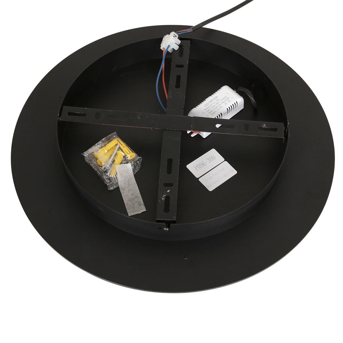 Vue arrière du luminaire montrant platine, driver LED et câblage.