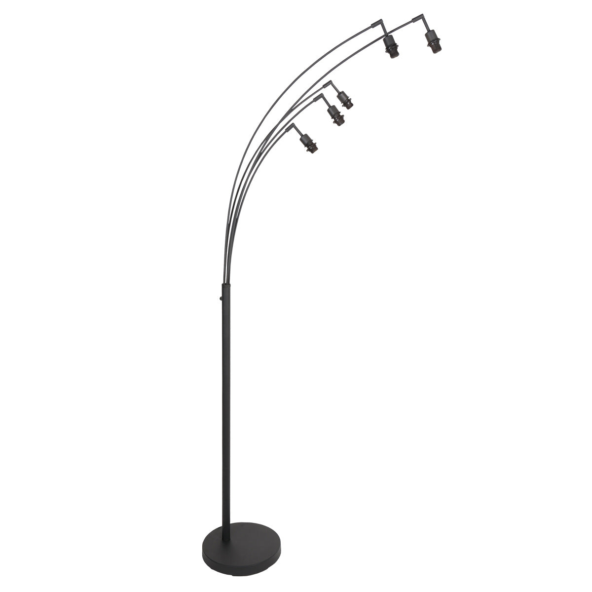 Vue de face du lampadaire sur fond blanc, cinq bras courbés et douilles nues