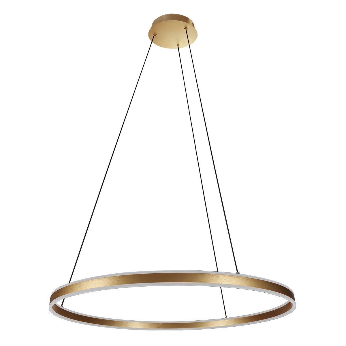 Vue de face du luminaire anneau doré suspendu, éteint, sur fond blanc