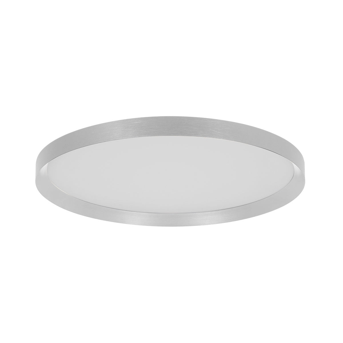 Même plafonnier éteint, diffuseur opalin blanc, cerclage acier brossé, vue de dessous.