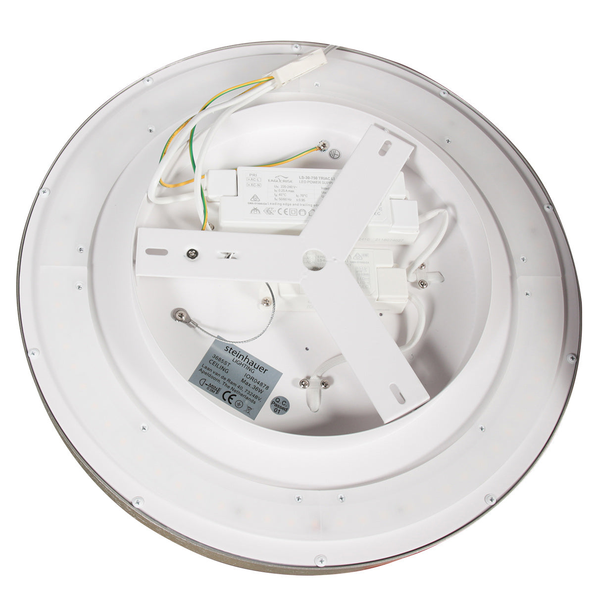 Vue arrière du luminaire, platine de fixation métallique, driver LED et câbles électriques apparents.