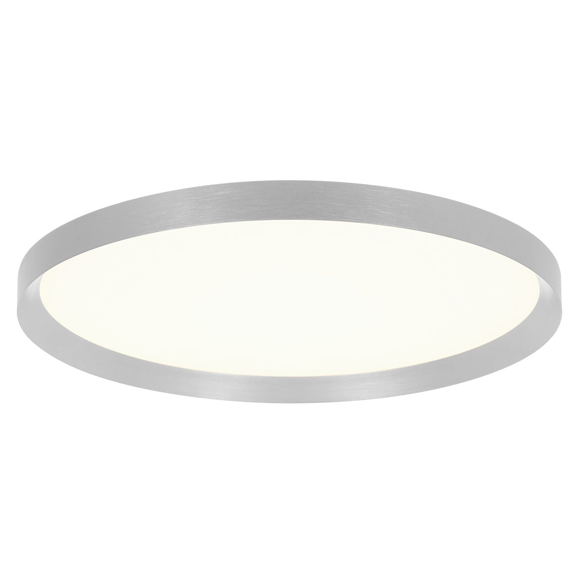 Vue de face légèrement plongeante du luminaire rond, bord acier et verre lumineux.