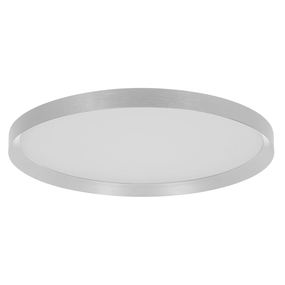 Diffuseur éteint vu de dessous, verre opalin blanc cerclé d'un anneau acier.