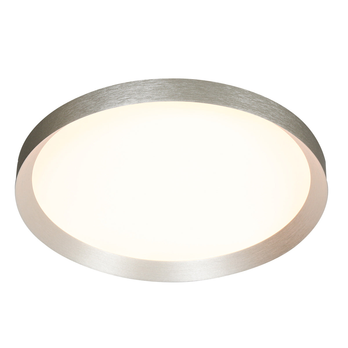 Luminaire allumé en contre-plongée, halo lumineux chaud sous l'anneau métallique.