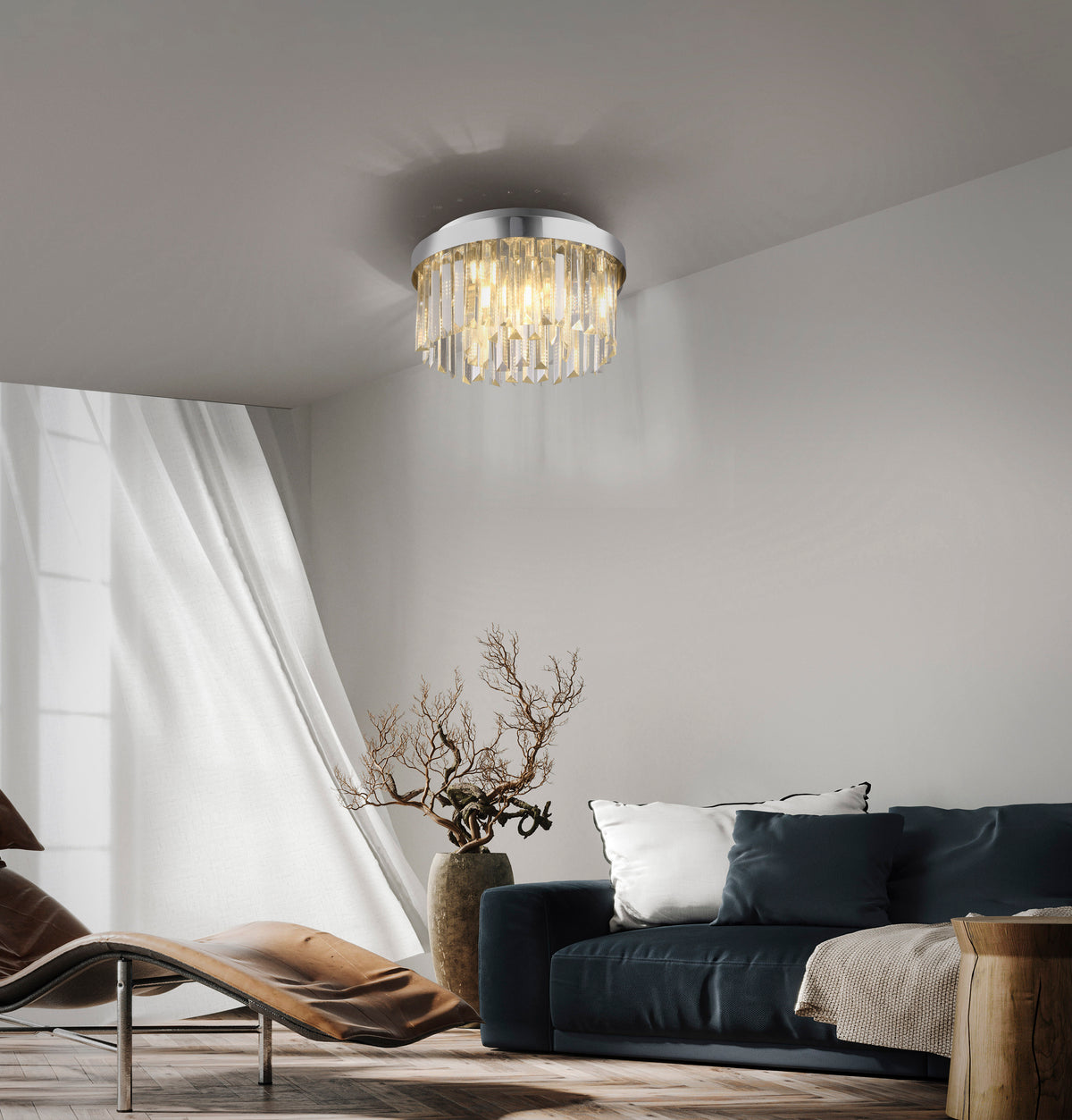 Mise en ambiance du plafonnier allumé au-dessus d'un salon bleu nuit