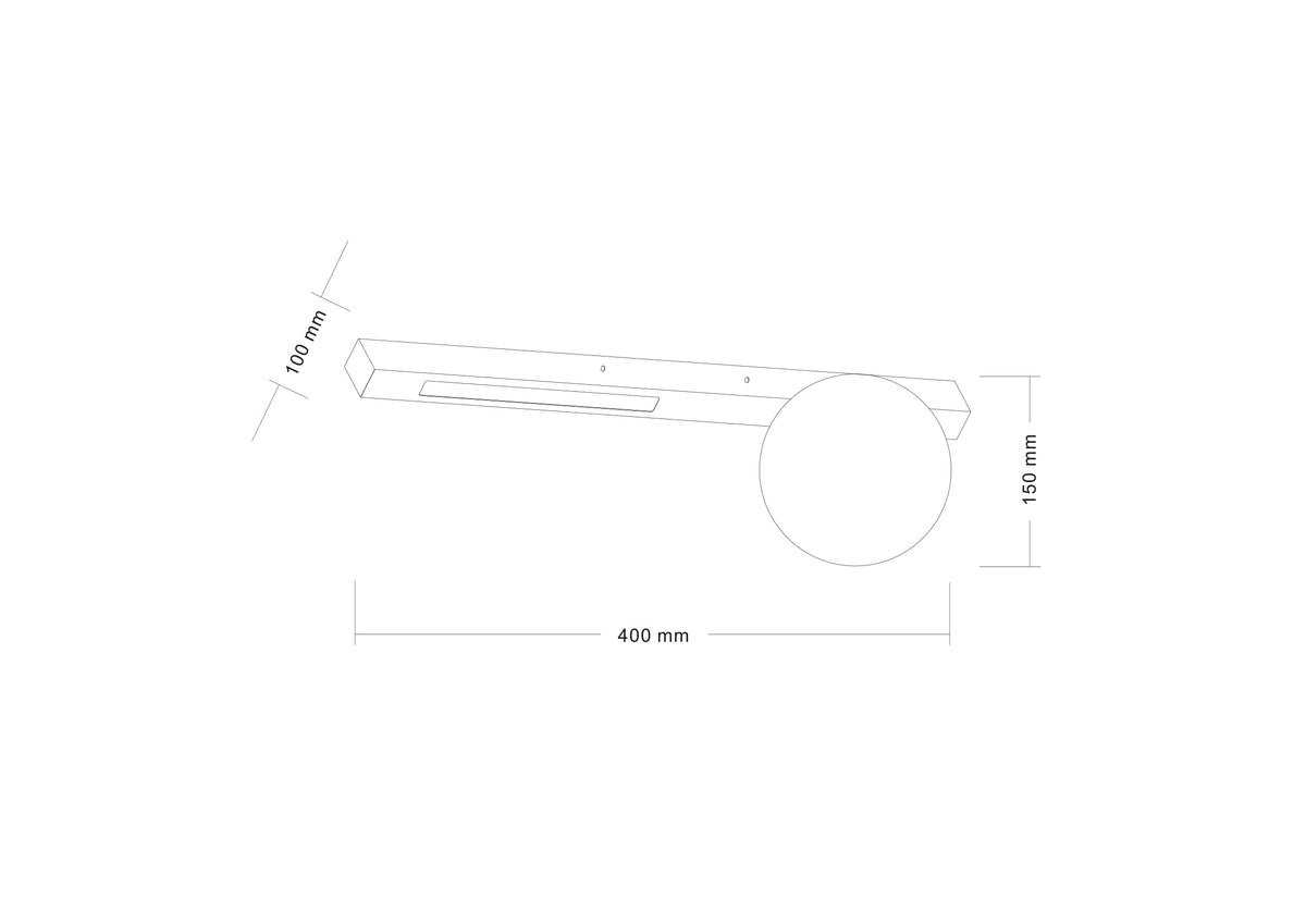 Schéma de dimensions cotées de l'applique murale vue de dessus, largeur et profondeur