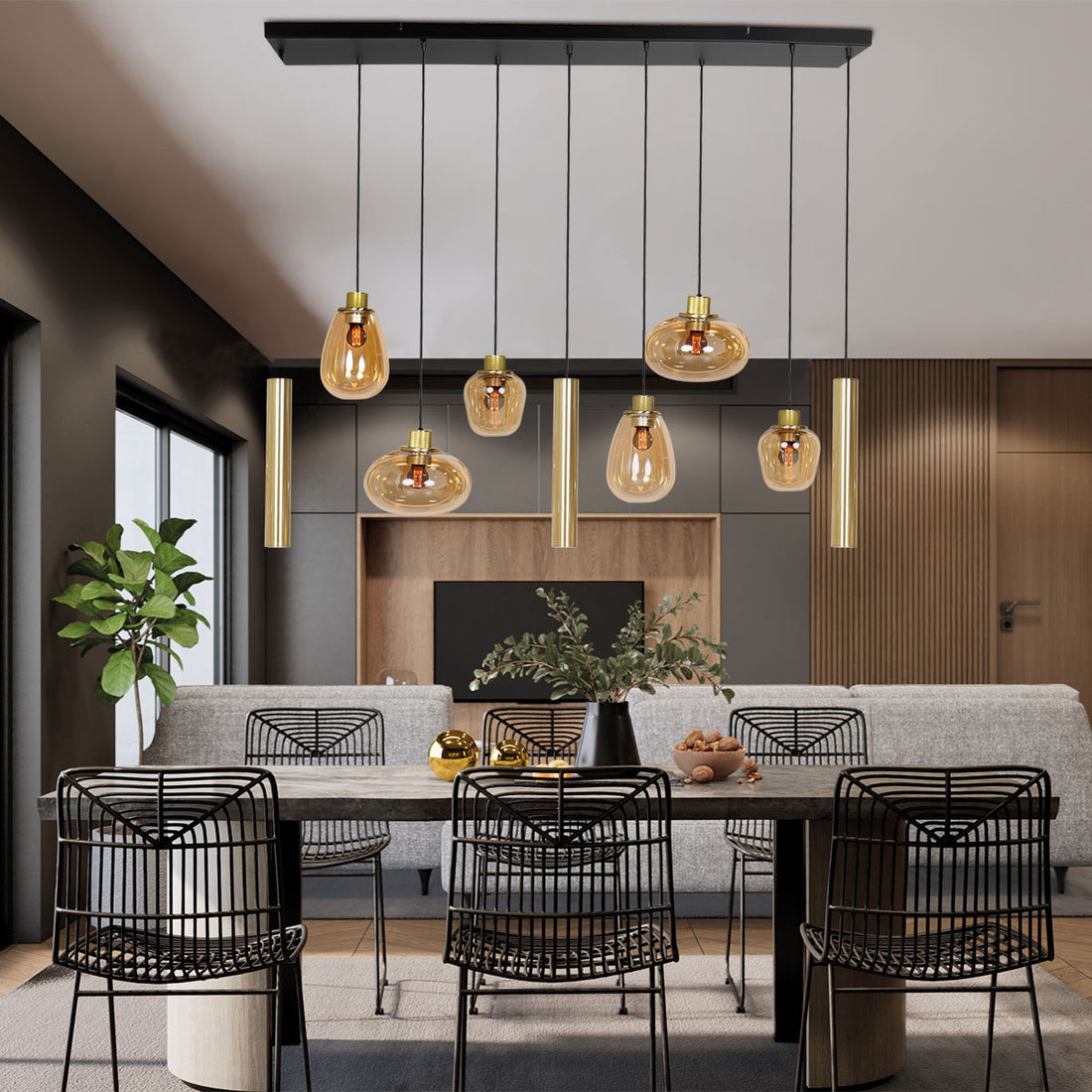 Luminaire suspendu salle à manger laiton et verre ambré, barre 9 lumières | Reflexa