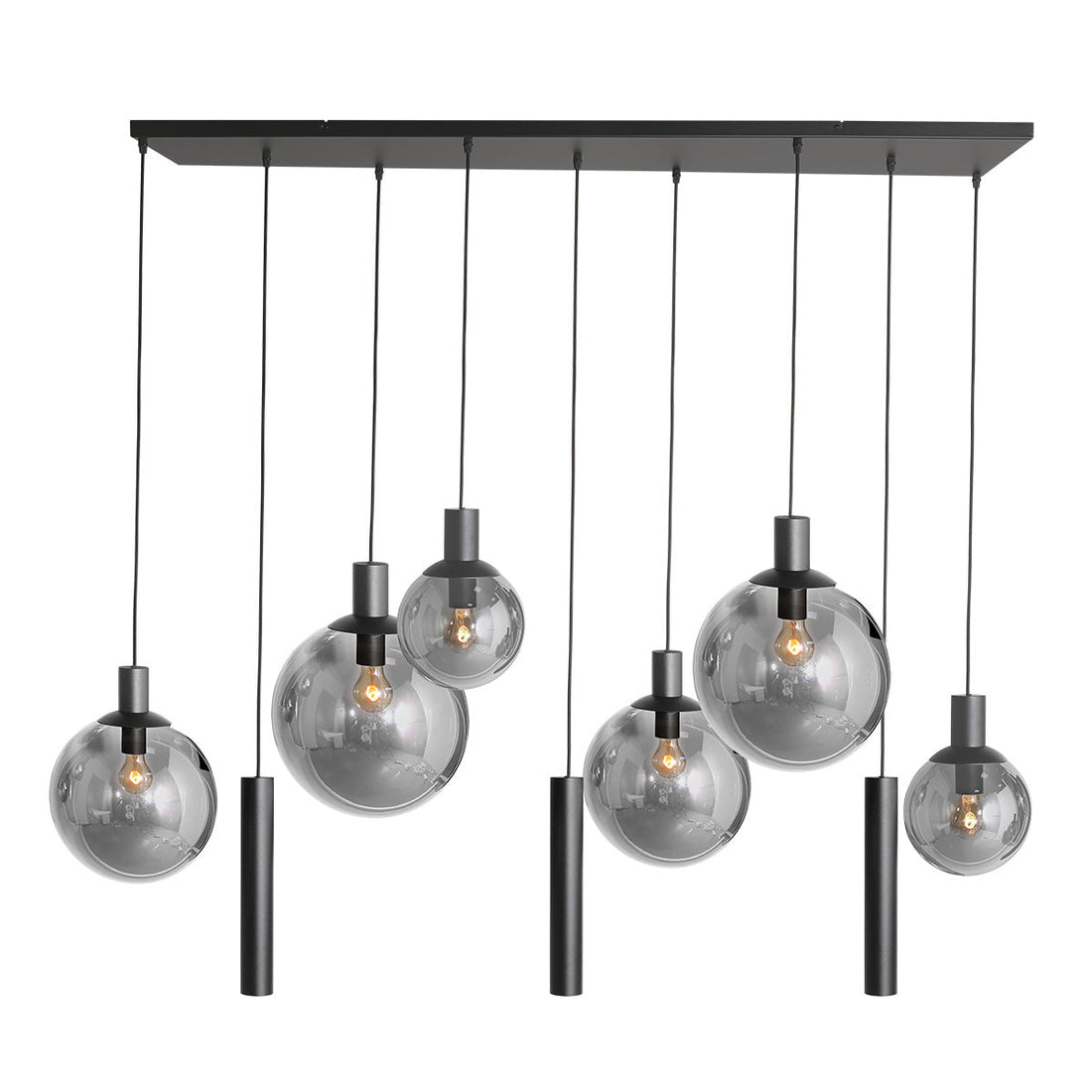 Suspension boule verre fumé noire, 9 lumières 160 cm pour salon | Bollique