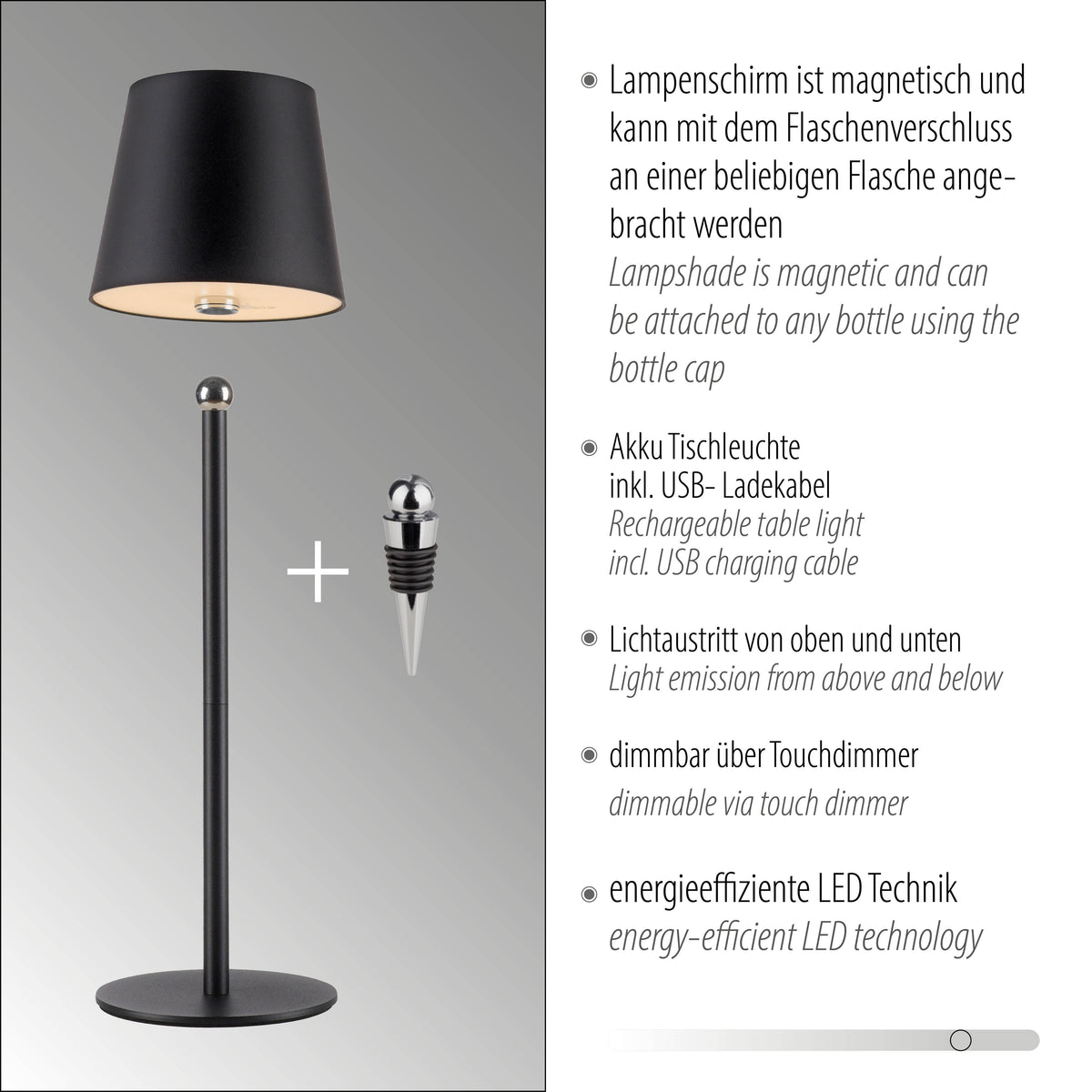 Fiche technique illustrée de la lampe avec abat-jour magnétique et bouchon de bouteille.