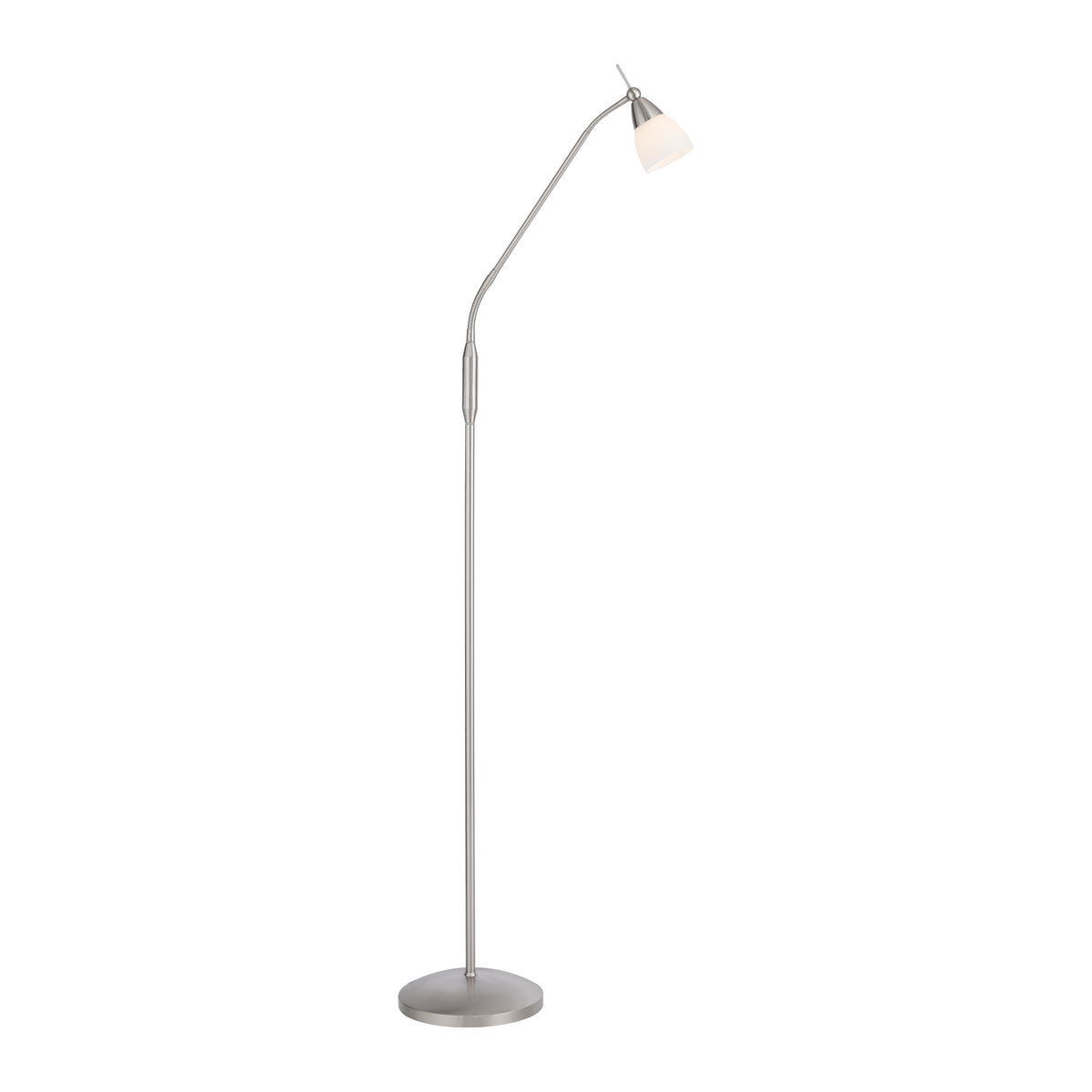 Vue entière du lampadaire argenté sur fond blanc, pied rond et bras courbé.
