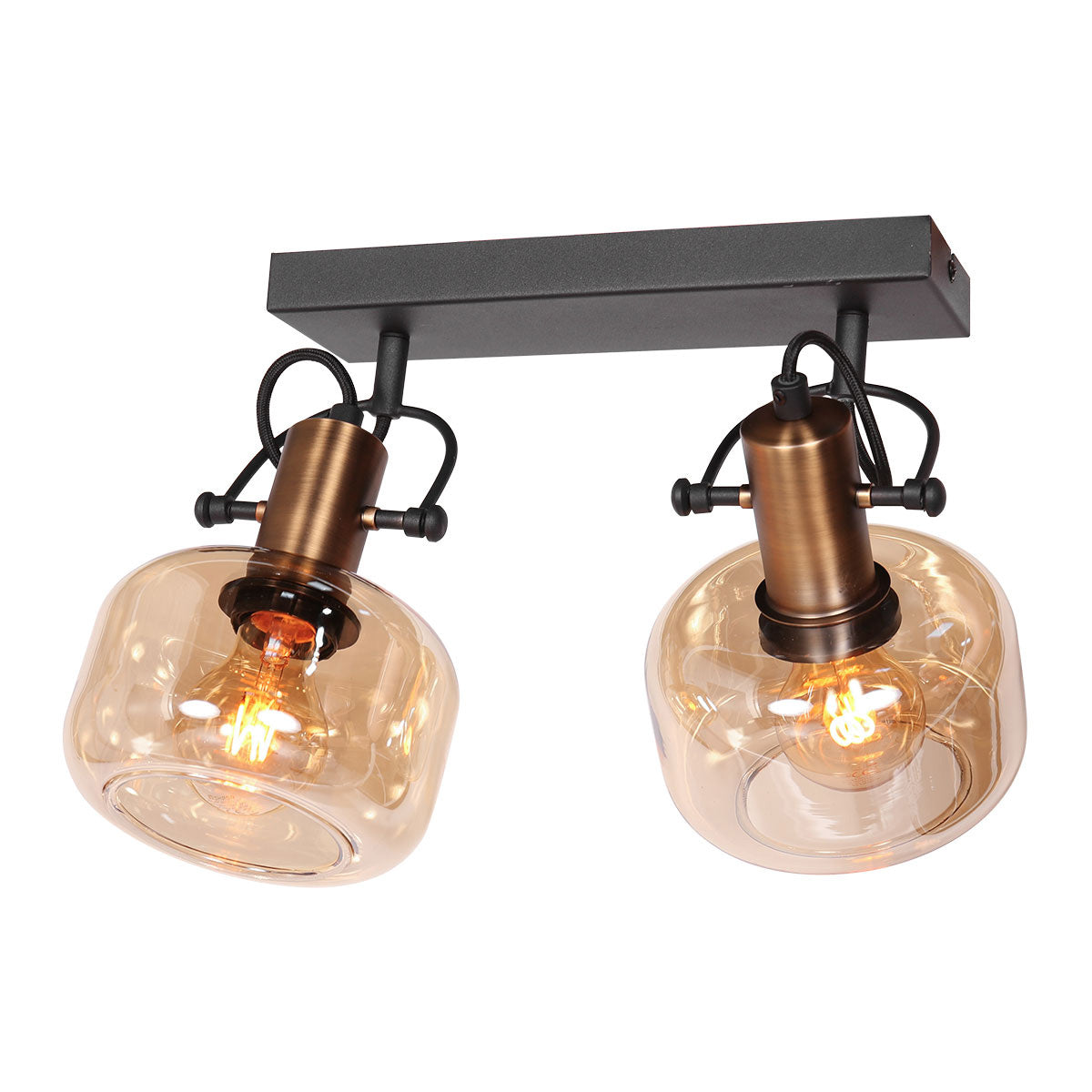 Luminaire vu de dessous, platine rectangulaire noire fixée au support, ampoules visibles