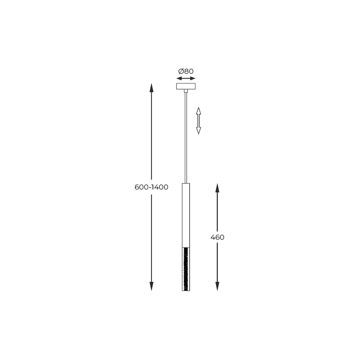 Schéma de dimensions avec hauteur réglable, diamètre de rosace et longueur du luminaire