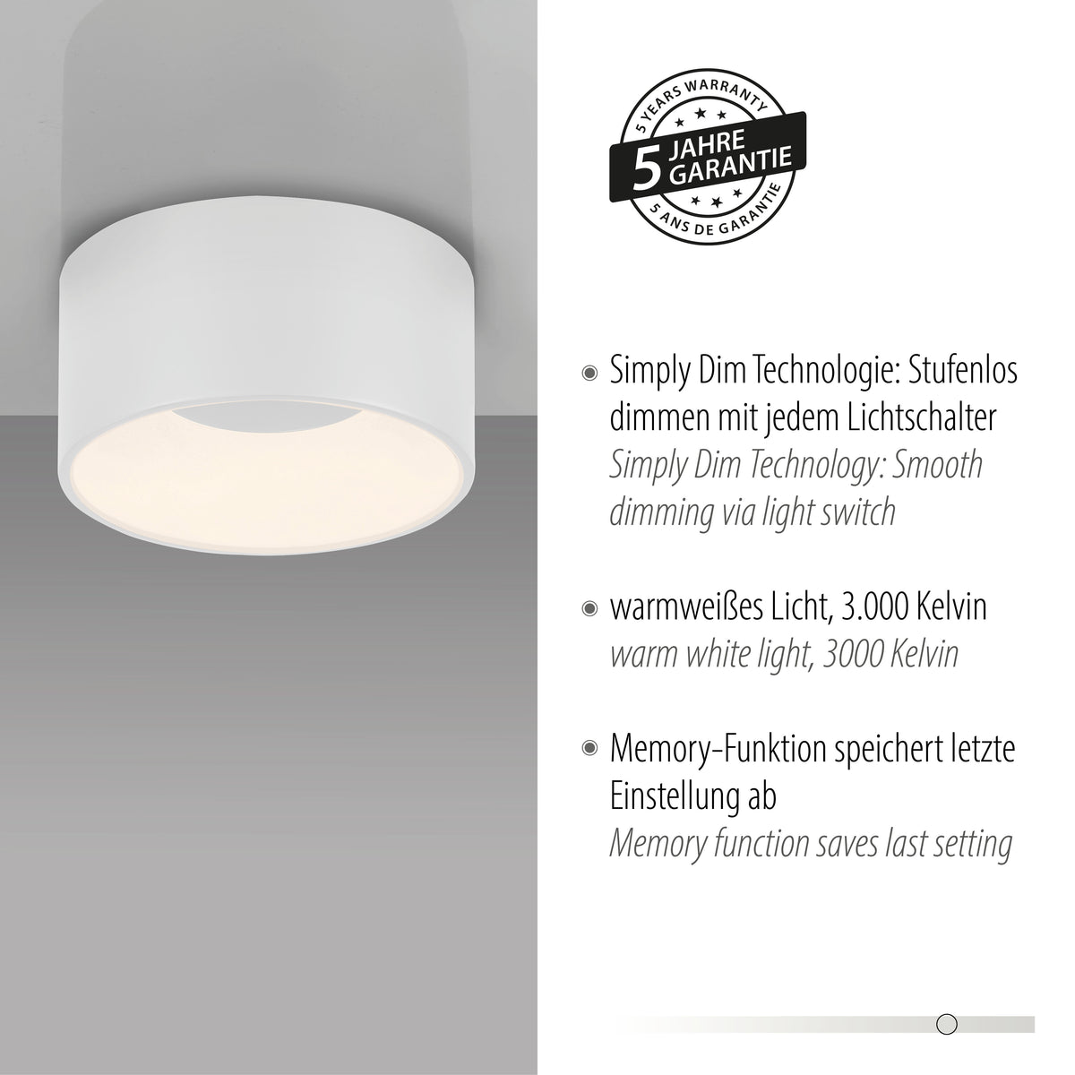 Gros plan du luminaire avec pastille de garantie cinq ans affichée