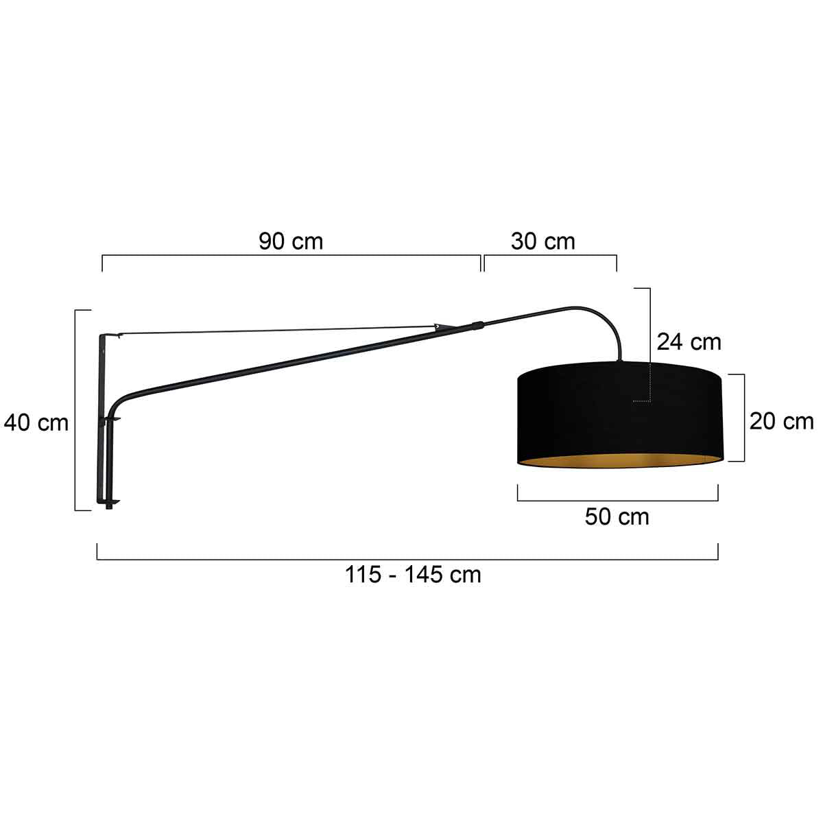 Schéma coté du luminaire mural avec mesures de 115 à 145 cm et Ø 50 cm.