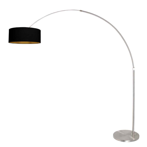 Stehlampe stahlfarben / Bogenlampe Sparkled Light 3963ST, inklusive schwarzem Lampenschirm mit goldfarbener Innenseite.
