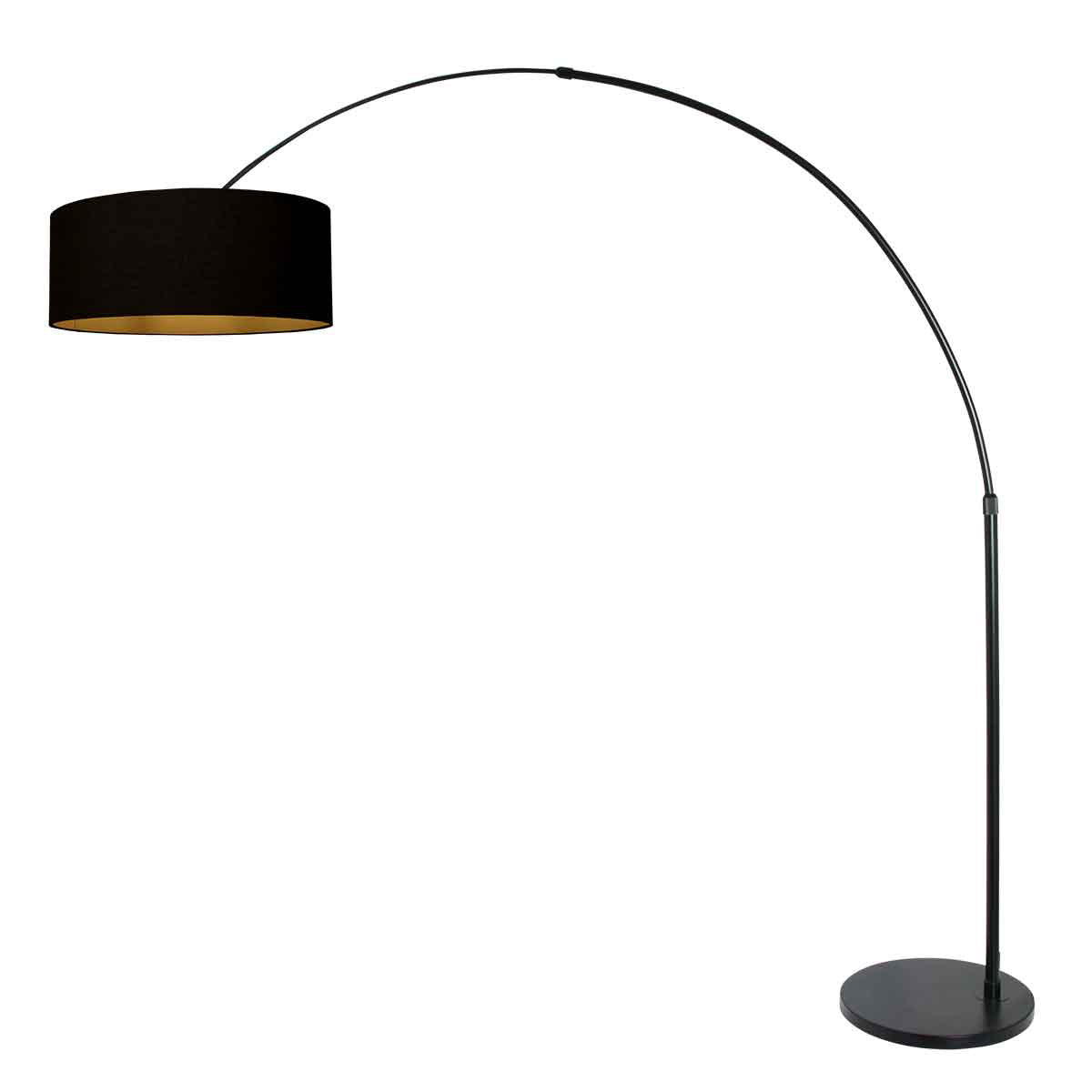 Vue inversée du même lampadaire en arc, abat-jour noir et intérieur doré, base ronde.