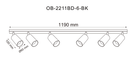Schéma de dimensions du plafonnier, barre de 1190 mm et projecteurs de 60 mm