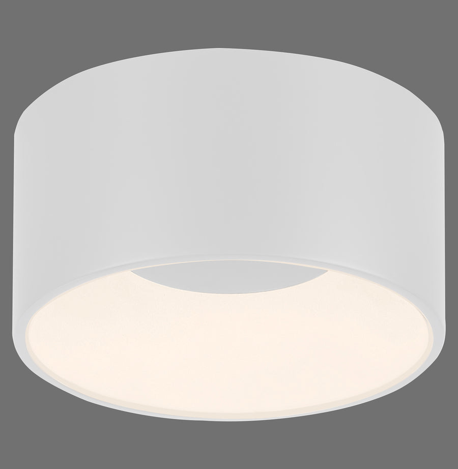 Vue de face du plafonnier blanc cylindrique avec diffuseur lumineux allumé