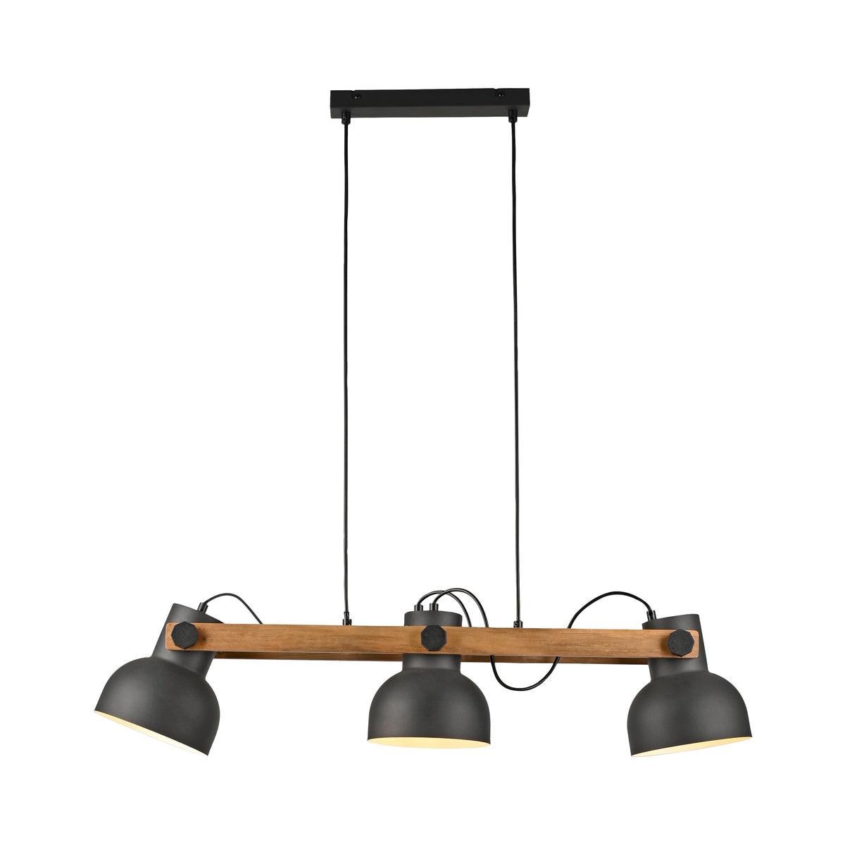 Vue de face sur fond blanc de la suspension en métal noir et bois clair.