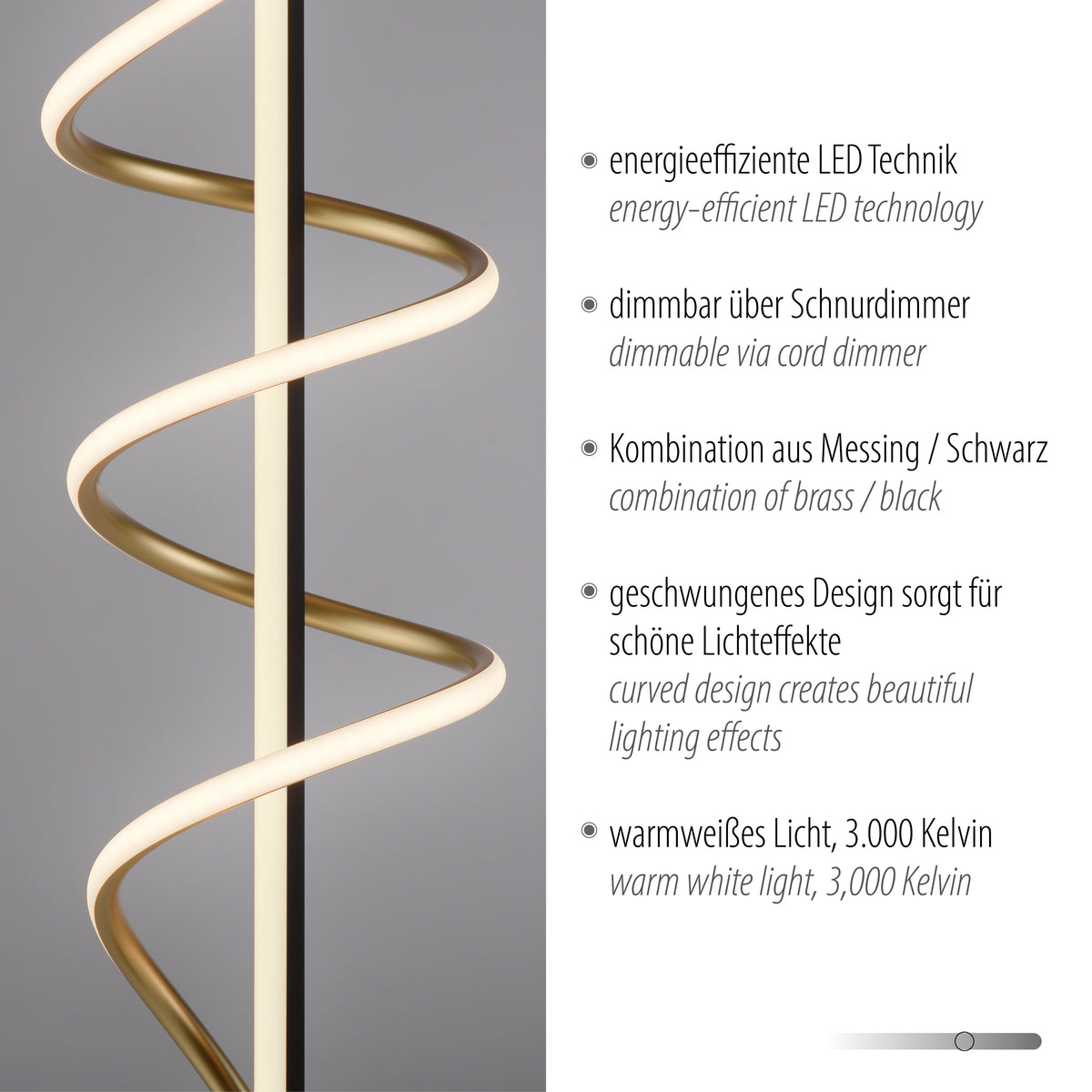 Gros plan sur la spirale lumineuse accompagné des caractéristiques techniques en allemand