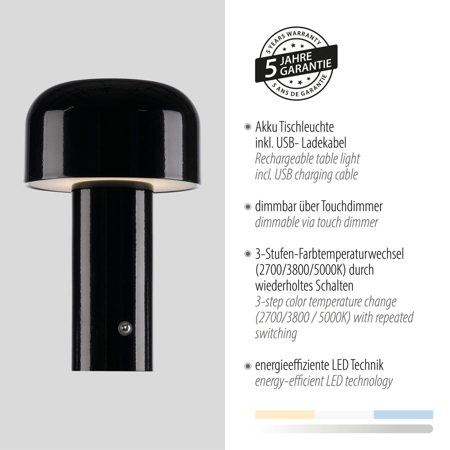 Présentation de la lampe avec badge de garantie cinq ans et caractéristiques techniques détaillées.