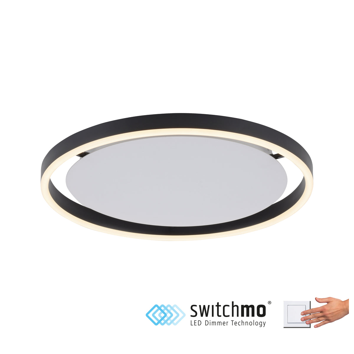 Vue de trois quarts du plafonnier avec logo Switchmo et main sur interrupteur