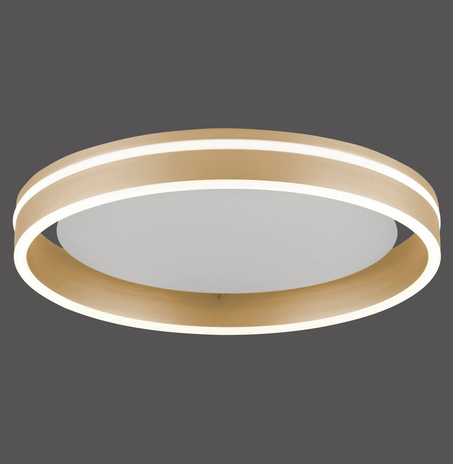 Plafonnier LED rond en laiton mat, éclairé sur fond sombre.