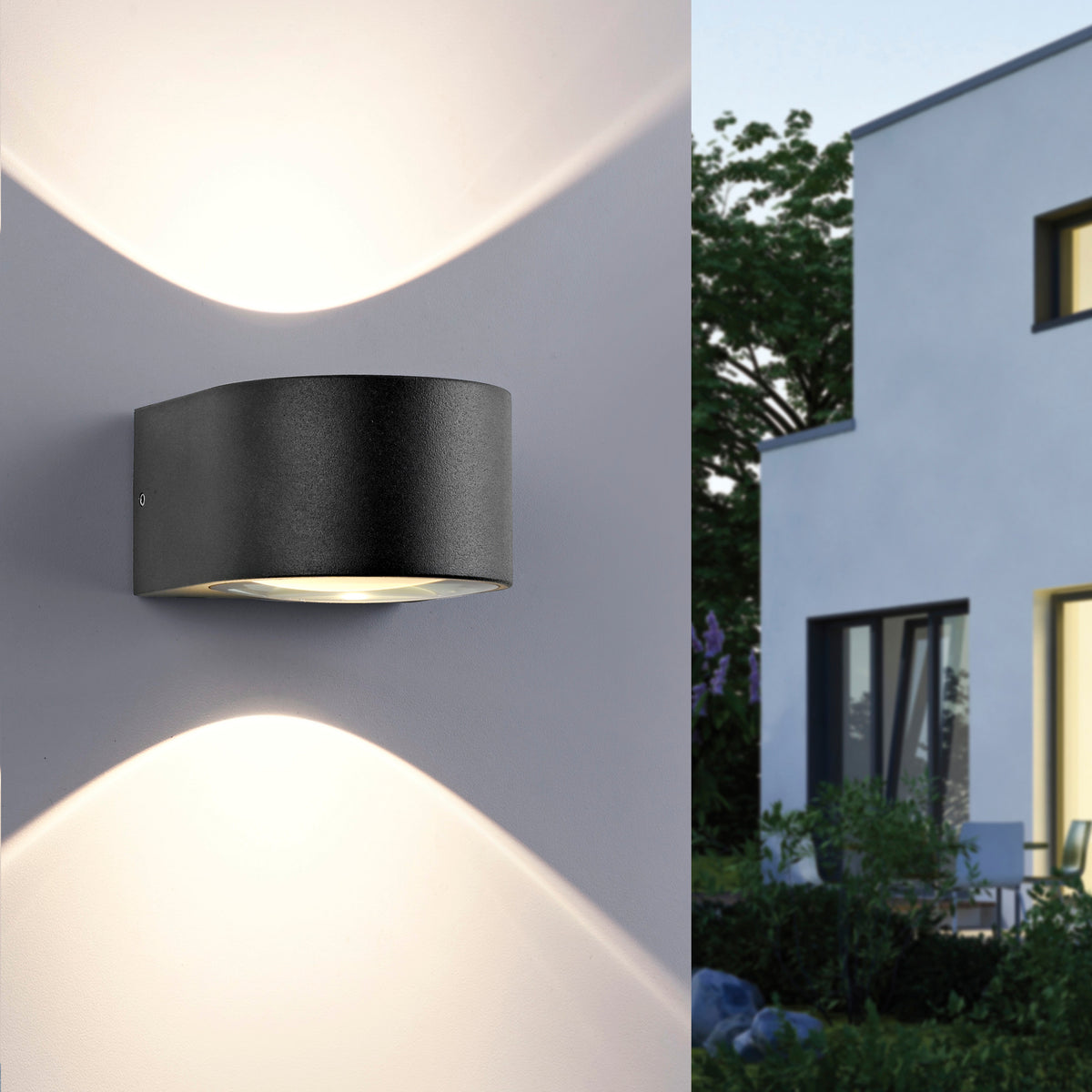 Mise en ambiance nocturne sur une façade, maison moderne et jardin en arrière-plan