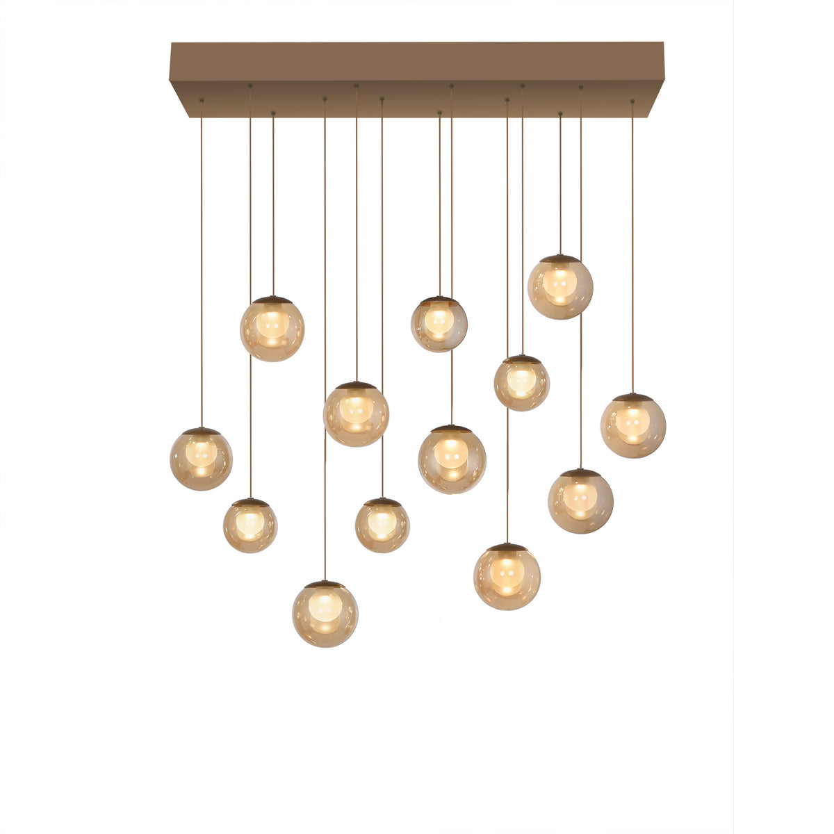 Produit isolé sur fond blanc, platine rectangulaire marron et globes de verre ambré