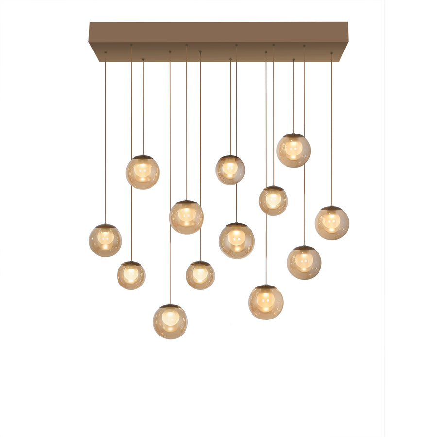 Produit isolé sur fond blanc, platine rectangulaire marron et globes de verre ambré