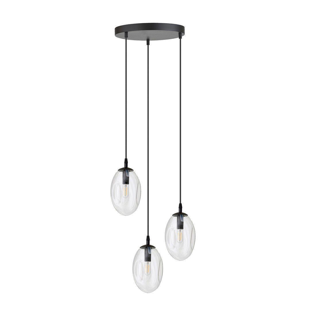 Même suspension présentée de face, câbles noirs et trois globes en verre