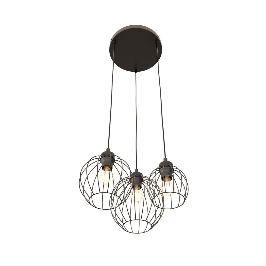 Vue de face de la suspension noire, trois cages rondes avec ampoules visibles.