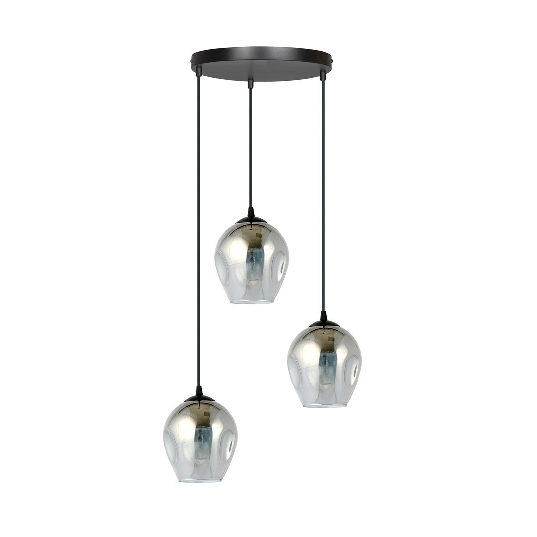 Même suspension éteinte, reflets argentés sur verre fumé et câbles noirs