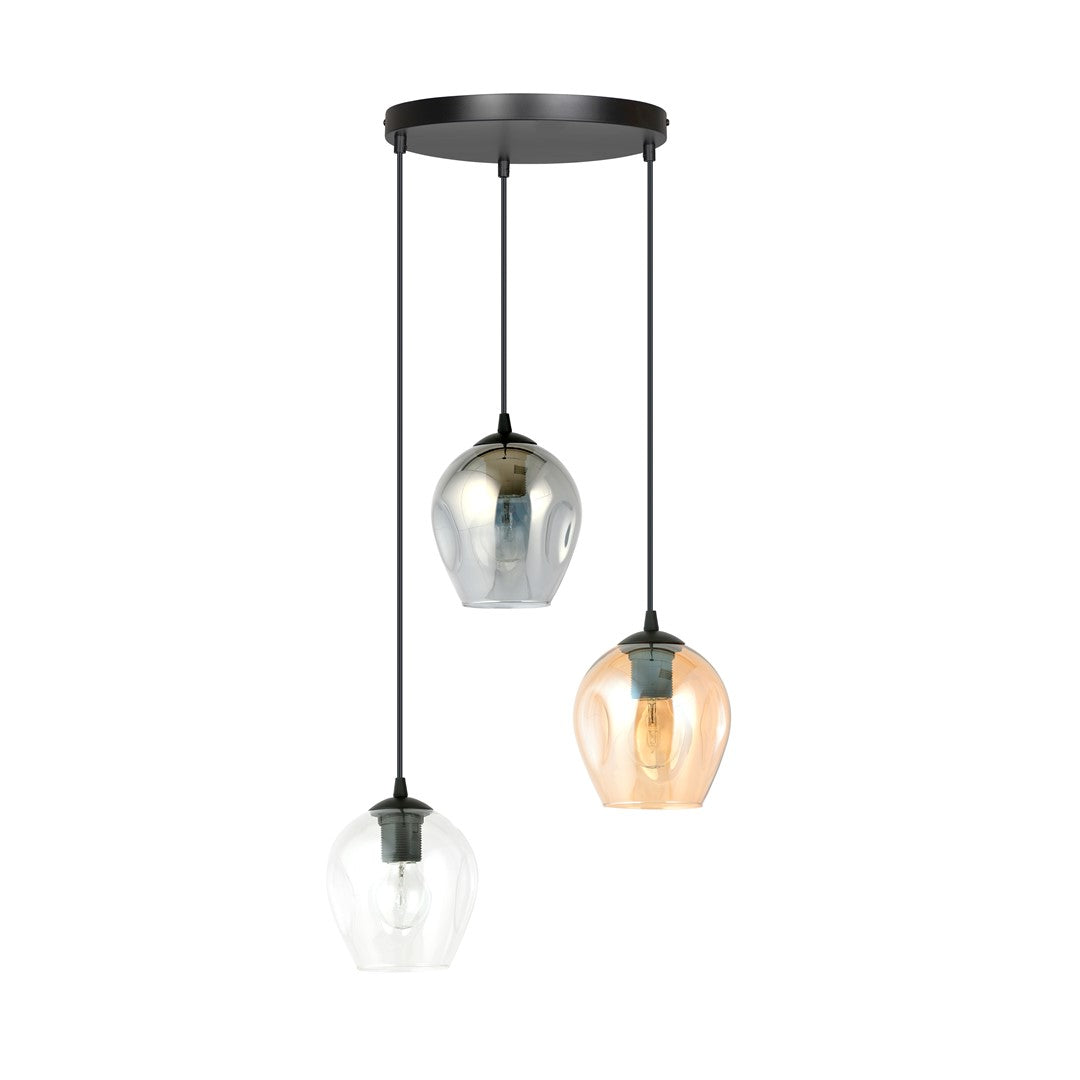 Vue de produit sur fond blanc, trois abat-jours en verre transparent, fumé et ambré, ampoules éteintes.