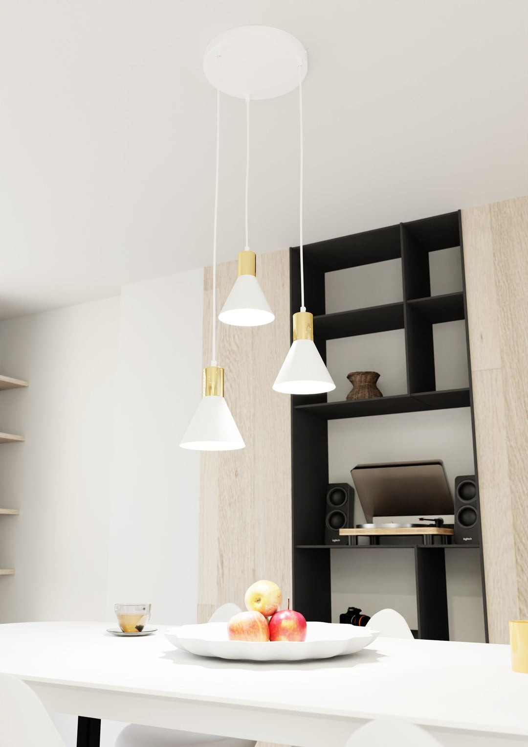 Suspension allumée au-dessus d'une table blanche, décor contemporain avec étagère noire