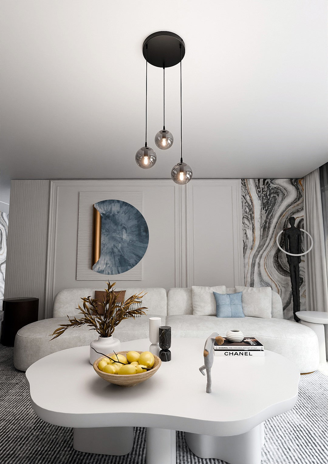Mise en ambiance salon, suspension suspendue au-dessus d'une table basse blanche