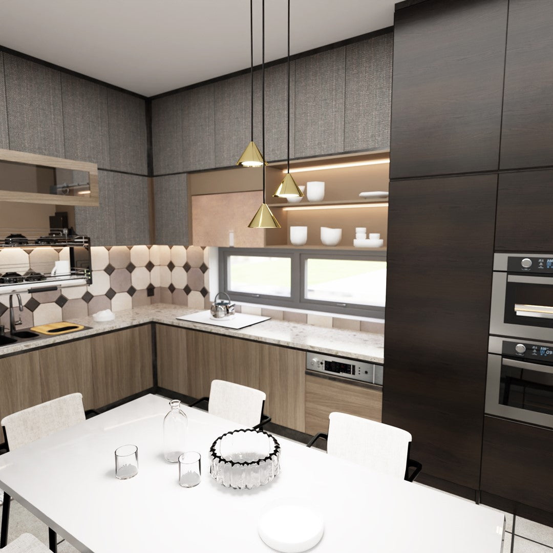 Mise en ambiance cuisine sombre équipée, suspension dorée au-dessus de la table blanche