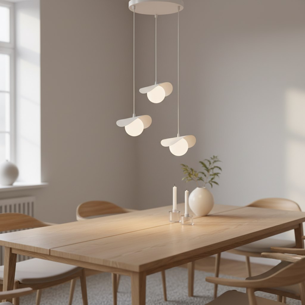 Suspension allumée au-dessus d'une table en bois clair en salle à manger