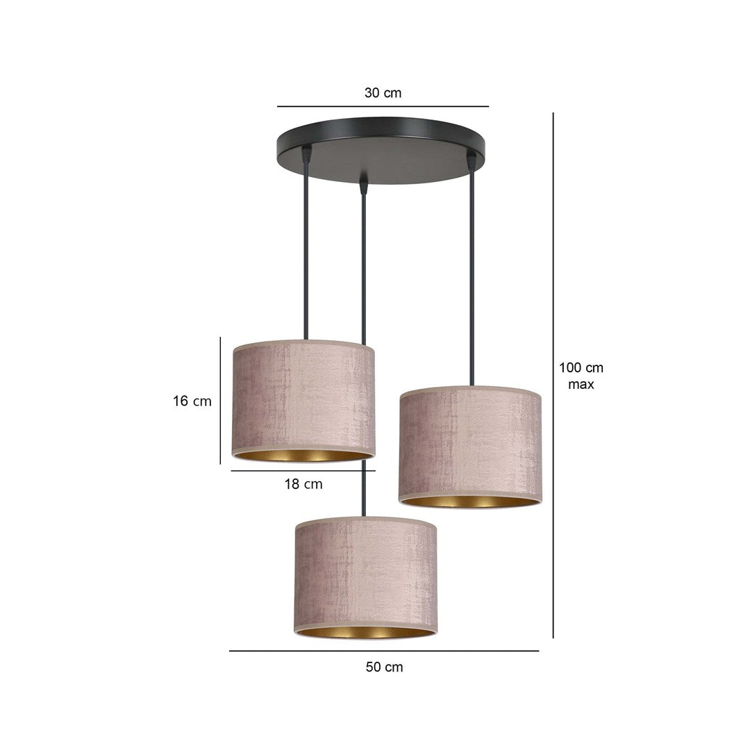Schéma coté du luminaire avec hauteur, largeur et diamètres indiqués