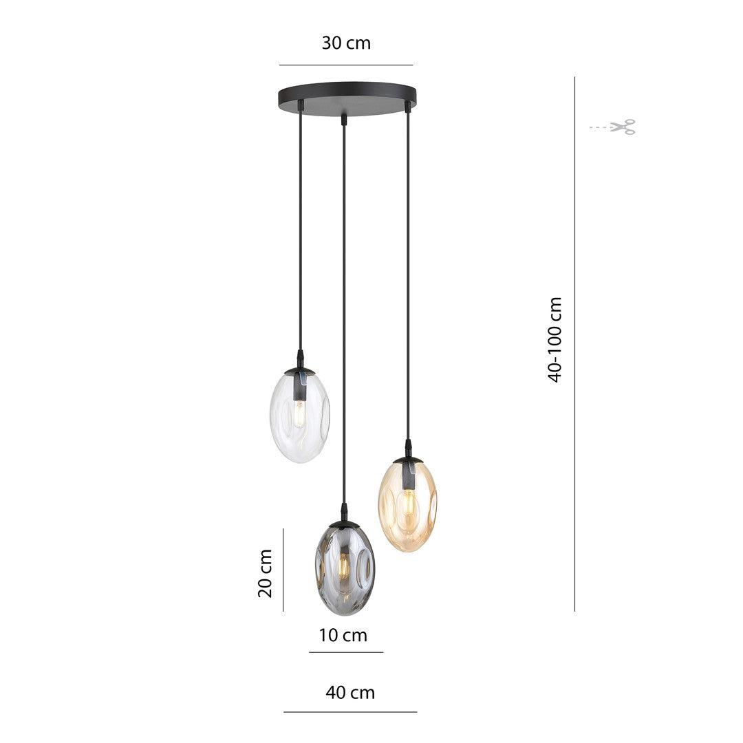 Schéma coté de la suspension : rosace 30 cm, hauteur 40-100 cm, abat-jour 20 cm.