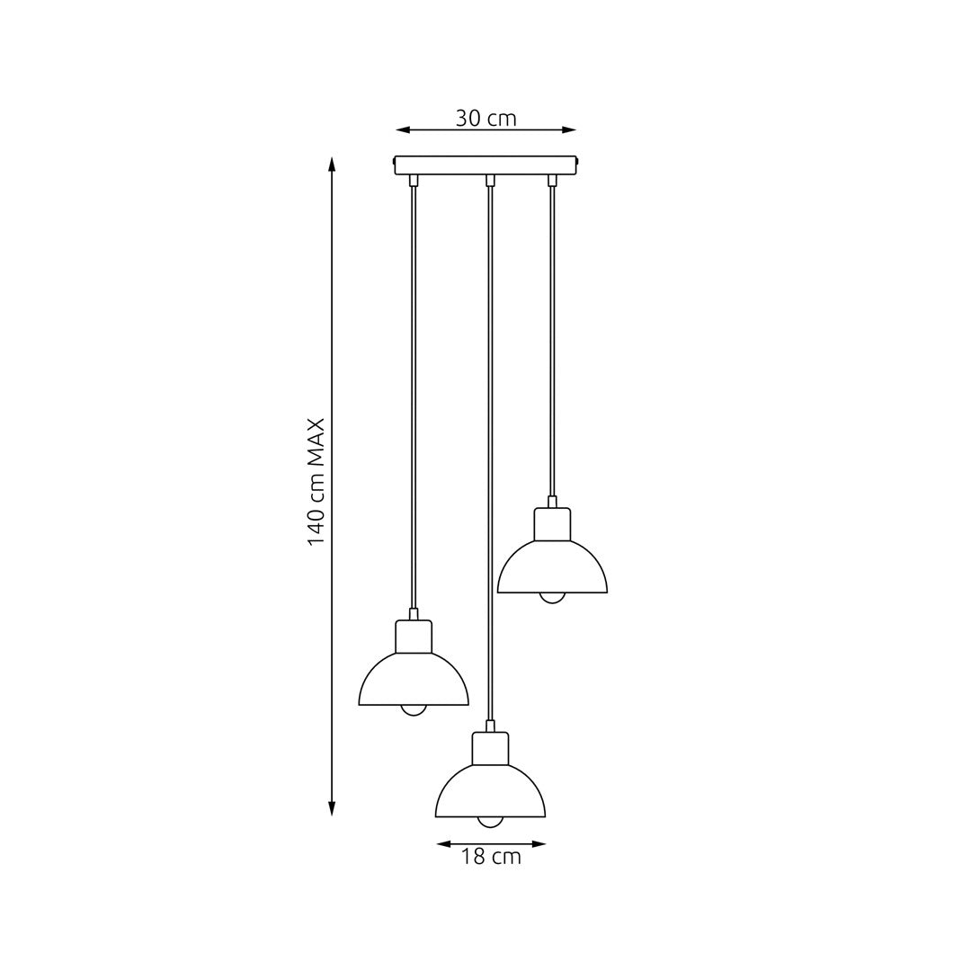Schéma coté montrant base de 30 cm, hauteur maximale 140 cm et abat-jour de 18 cm.