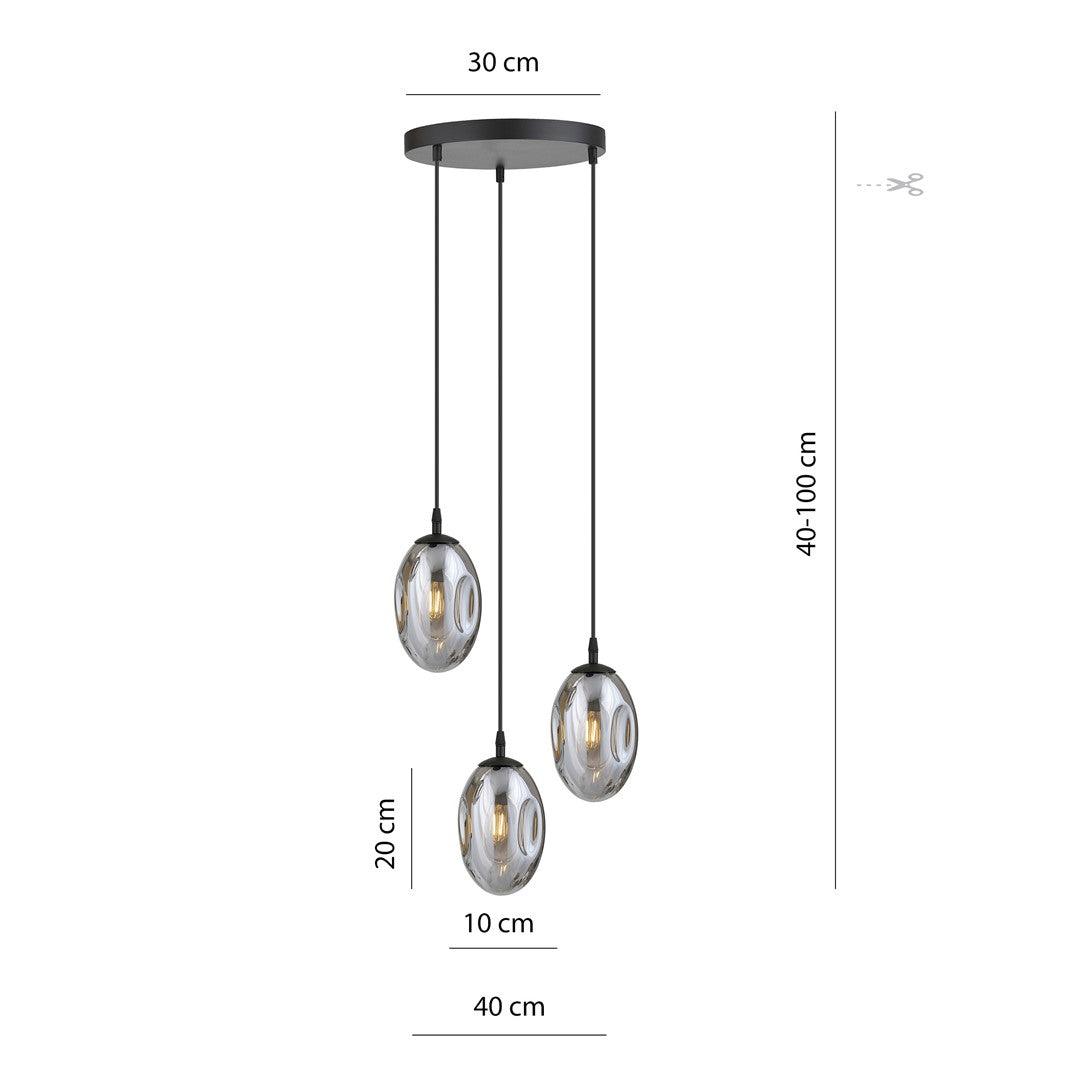 Schéma de dimensions avec largeur, hauteur réglable et diamètre des globes
