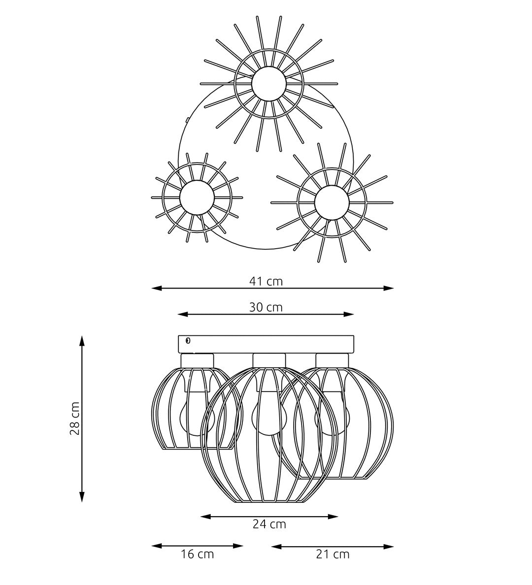 Schéma de dimensions du luminaire avec mesures en centimètres et vue de dessus.