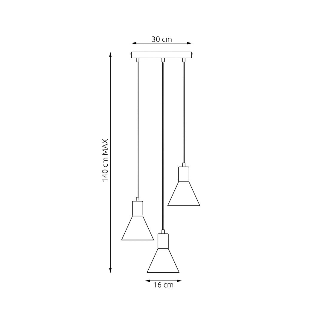 Schéma coté du luminaire, hauteur maximale 140 cm et diamètre 30 cm
