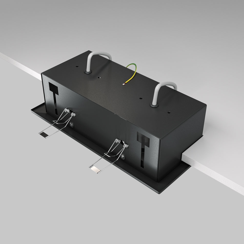 Vue arrière du boîtier encastrable avec ressorts de fixation et câbles d'alimentation