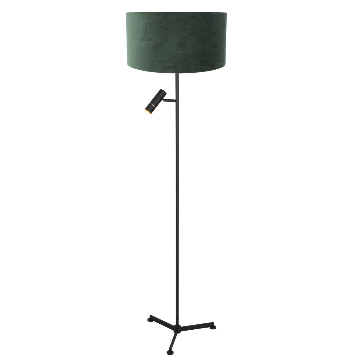 Vue en biais du lampadaire, projecteur de lecture incliné vers le bas.
