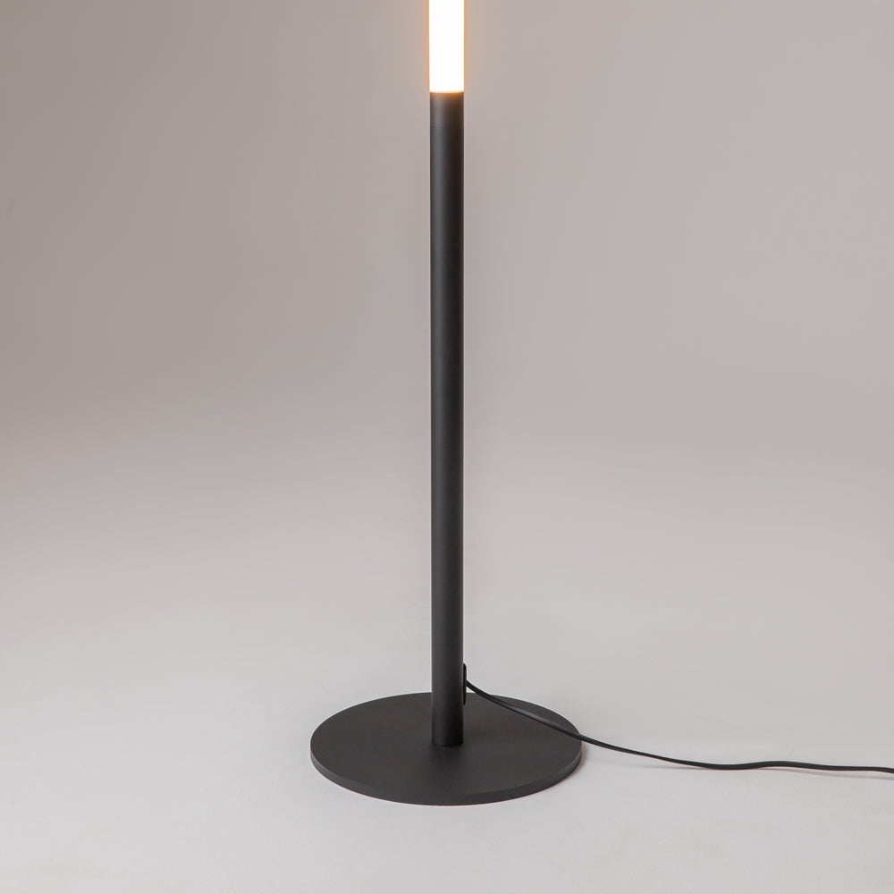 Détail du pied circulaire noir, de la tige et du câble au sol