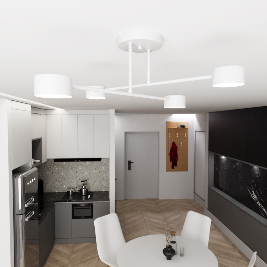 Vue en plongée du luminaire fixé au plafond dans une cuisine moderne blanche