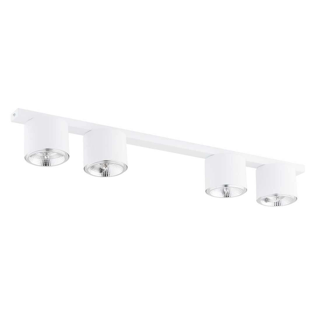 Même plafonnier blanc vu de biais, montrant les quatre spots cylindriques et la barre